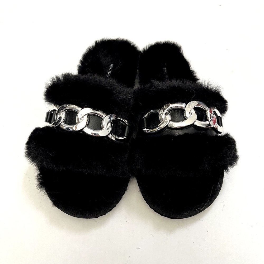 NWOB MICHAEL KORS Scarlett Chain Link Faux Fur Slide Sandal Black Fuzzy Furry - Picture 6 of 10